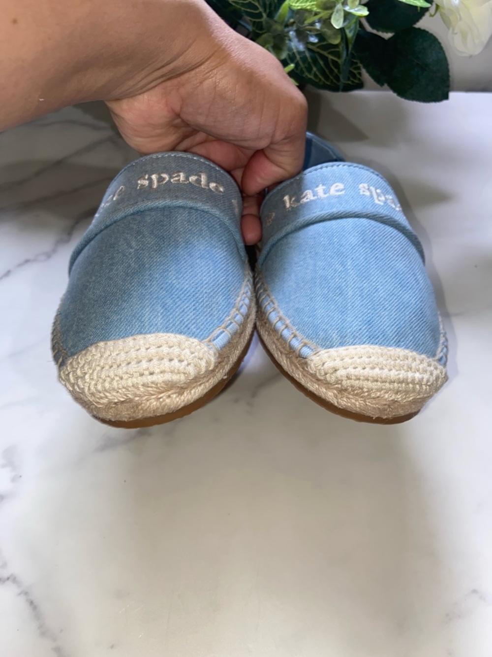 kate spade Light Blue Denim Espadrille Slip-Ons with Embroidered Logo Size 7B - Picture 8 of 15